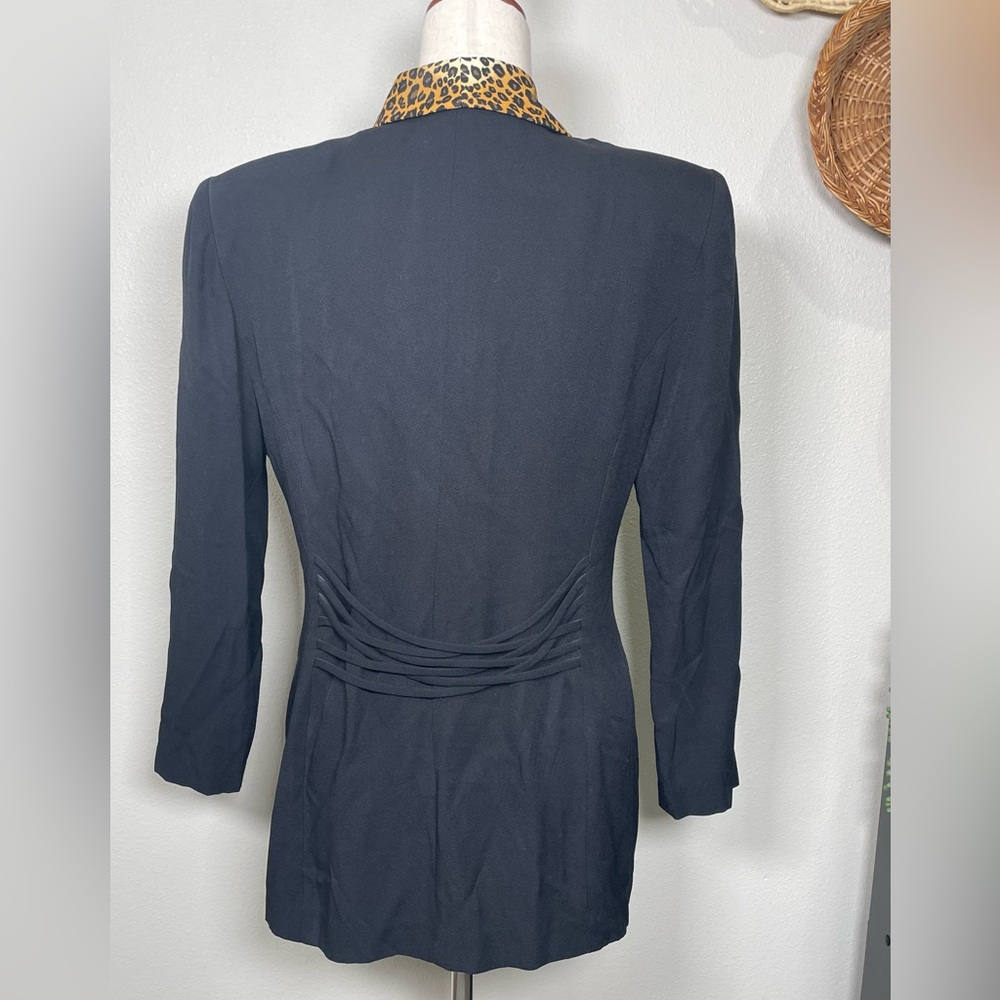 Vintage Black Double Breasted Blazer Jacket Leopard Print Collar Retro 80’s 90’s - Picture 5 of 16
